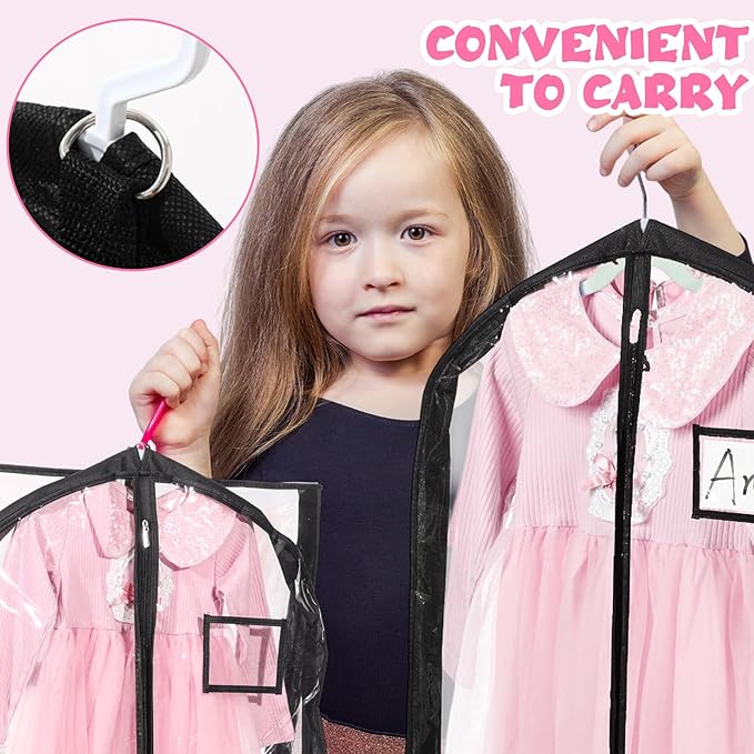 14 Pcs Garment Bags for Dance Costumes Clear PVC with Zippers 24 x 50 Inch Suits Bag with Pockets Dance Costume Organizer Carrier for Storage Cover for Adult (Fully Transparent Black,Classic)