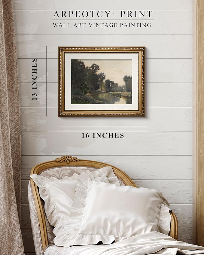 ARPEOTCY Vintage Gold Framed Wall Art Decor, Living Room Bedroom River Scenery Landscape Pictures Wall Art, Farmhouse Retro Decor, Canvas Prints, Antique Picture Frame Vintage Paintings,13x16 Inch