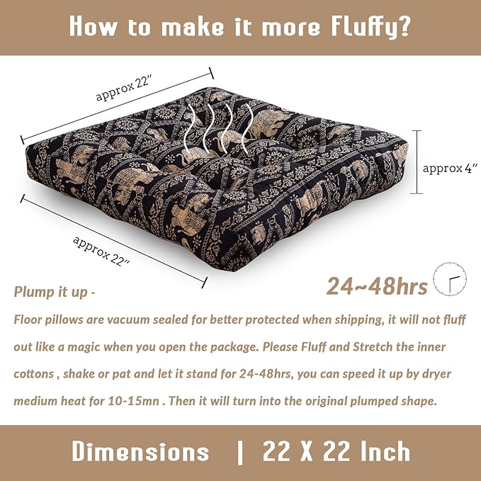 Boho Square Floor Seat Pillows Cushions 22" x 22", Soft Cotton Linen Bohemian Yoga Mandala Meditation Pouf Tatami Floor Pillow Cushion for Living Room Adults & Kids Casual Reading Nooks,Elephant B
