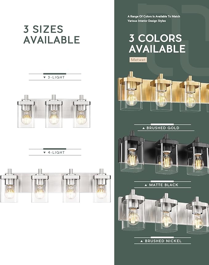 Bathroom Light Fixtures, 3-Light Vanity Light with Square Clear Glass Shade, Brushed Nickel Modern Wall Sconces, Vanity Lighting Fixtures Over Mirror, VL194-BN-3