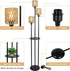 Boho Floor Lamp with Shelves, 3-Lights Farmhouse Tall Floor Lamp with ON/Off Foot Switch, Rustic Standing Lamp with Rattan Shades for Living Room Bedroom Office