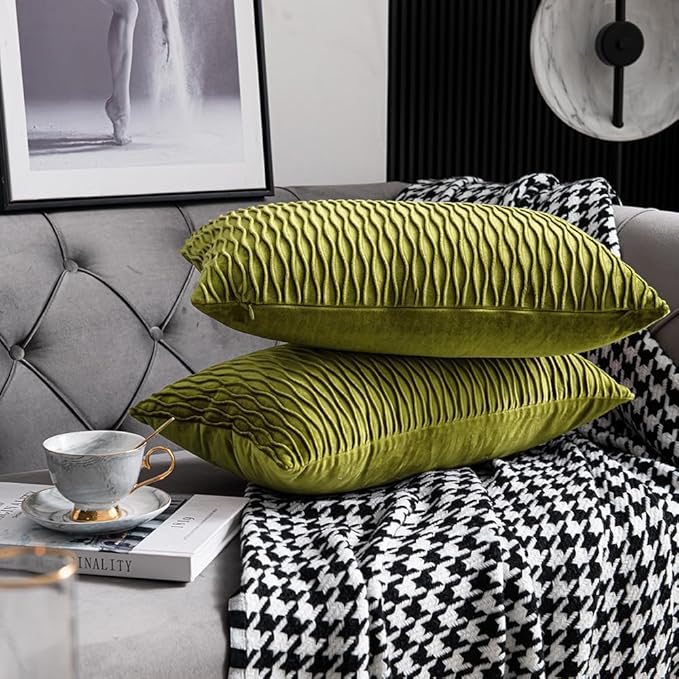 12x20 Moss Green Throw Pillow Cases: 2 Pack Original Striped Velvet Rectangular Decorative Pillow Covers for Farmhouse Couch