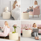 Hansleep Round Pouf Ottoman Foot Rest, 20 x 15 Small Faux Fur Stuffed Pouf for Chair, Foam Filled Foot Stools Ottomans for Living Room, Beige