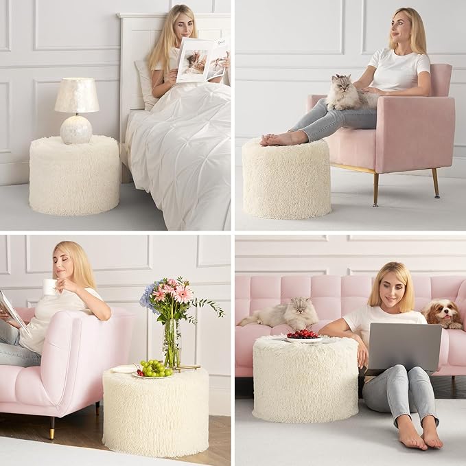 Hansleep Round Pouf Ottoman Foot Rest, 20 x 15 Small Faux Fur Stuffed Pouf for Chair, Foam Filled Foot Stools Ottomans for Living Room, Beige