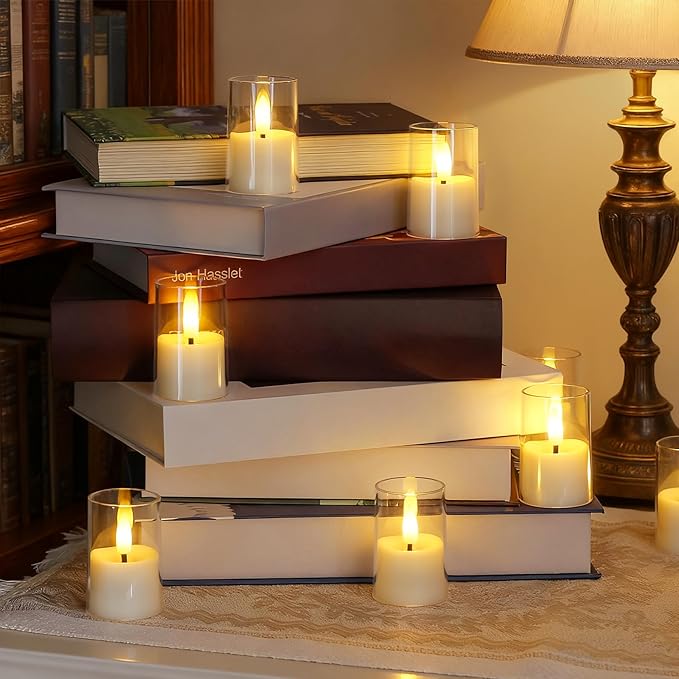 8pcs Battery Operated 1.7" x2.5" Clear Acrylic Remote LED Tea Lights, Flameless 2/4/6/8h Timer Fake Ivory Bulk Votive Candles with Batteries, Flickering Warm Light Pure Plastic Tealights