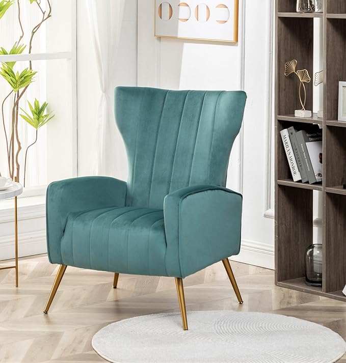 Modern Velvet Accent Chair, Channel Tufted Bedroom, Office or Living Room Furniture with Elegant Metal Legs, 26" Wide Armchair, Teal