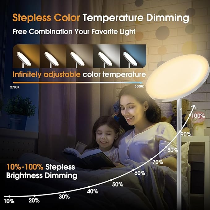 Floor Lamp, 36W/3600LM Super Bright Floor Lamp with Remote Control, Stepless Adjust Color Temperatures and Brightness, Torchiere Standing Lamp for Living Room Bedroom Office