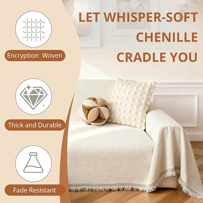 Couch Cover for Dogs, Non Slip Sofa Cover, Washable Couch Covers, 2 Cushion Sofa for Dogs Furniture Protector with Tassels Chenille Sofa Covers for Pets (Vertical Grain Beige)