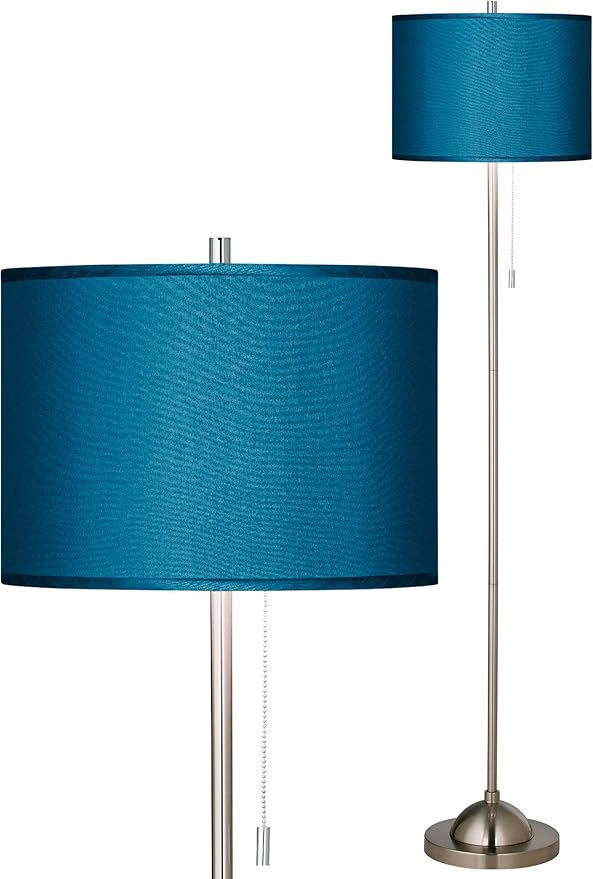 Possini Euro Design Modern Minimalist Pole Floor Lamp Standing Thin 62" Tall Brushed Nickel Silver Blue Textured Fabric Drum Shade Decor for Living Room Reading House Bedroom Home