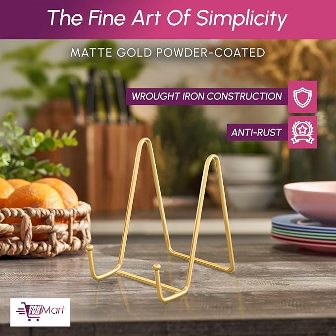Plate Stands for Display-2 Pack 4 Inch Gold Metal- Book Holder & Book Stand for Table, Racks-Trendy & Sturdy Display Stand for Decorative Art Plate, Tablets-Picture Stand for Party Decor