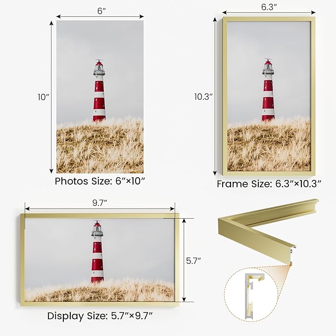 6x10 Aluminum Metal Picture Frame,Tempered Glass Gold Photo Frame 6x10 for Family Photo,Posters,Art,Document to Wall Mount Horizontally or Vertically