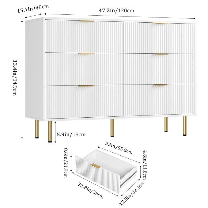 GarveeHome 6 Drawers Dresser for Bedroom, Fluted Dresser Chest of Drawers with Handle, Wood Modern Dressers for Closet, Bedroom Furniture Storage Organizer for Living Room, Hallway