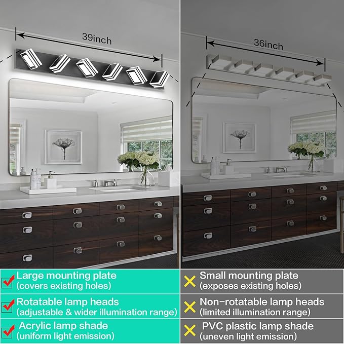 SOLFART Modern Black Vanity Lights Fixtures: 6 Lights Acrylic LED Matte Black Vanity Lights for Bathroom 39inch 5CCT
