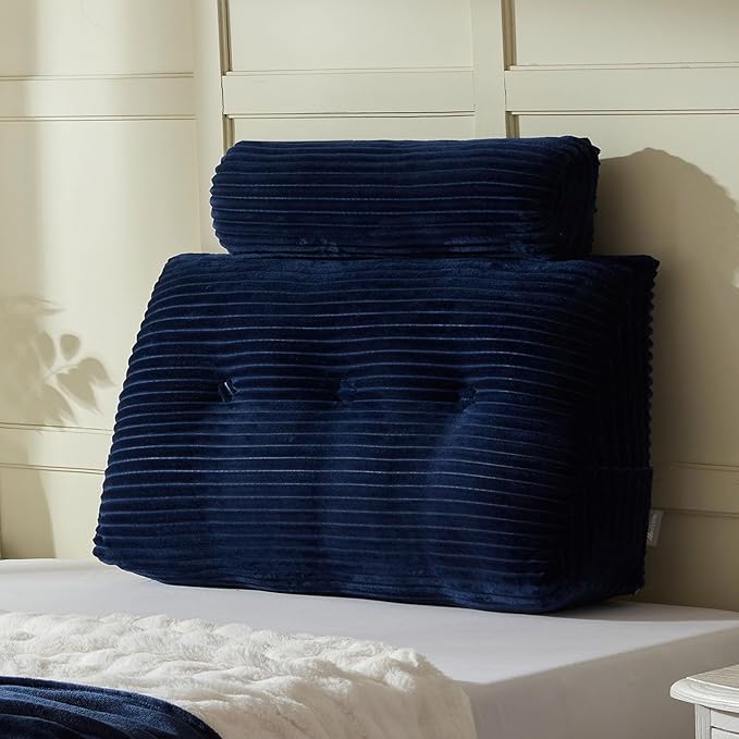 Headboard Wedge Pillow + A Long Neck Roll Pillow Body Pillow，Large Headboard Pillow with Removable Cover (Blue, Twin：39x8x20 inches)