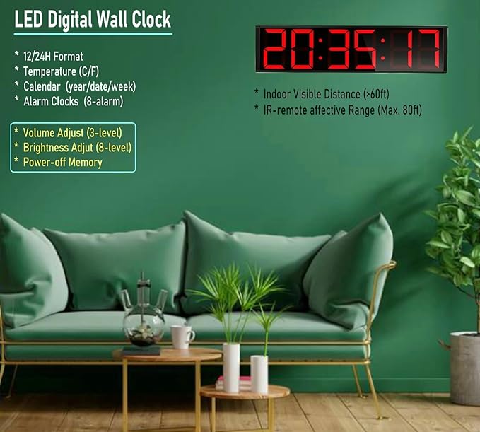 26'' Huge Digital Wall Clock, Home Gym Interval Workout Timers, with Countdown, Stopwatch, 7-Color Light, 8-Alarms, Calendar/Temperature Display, for HIIT/Tabata/FGB/EMOM (Red)