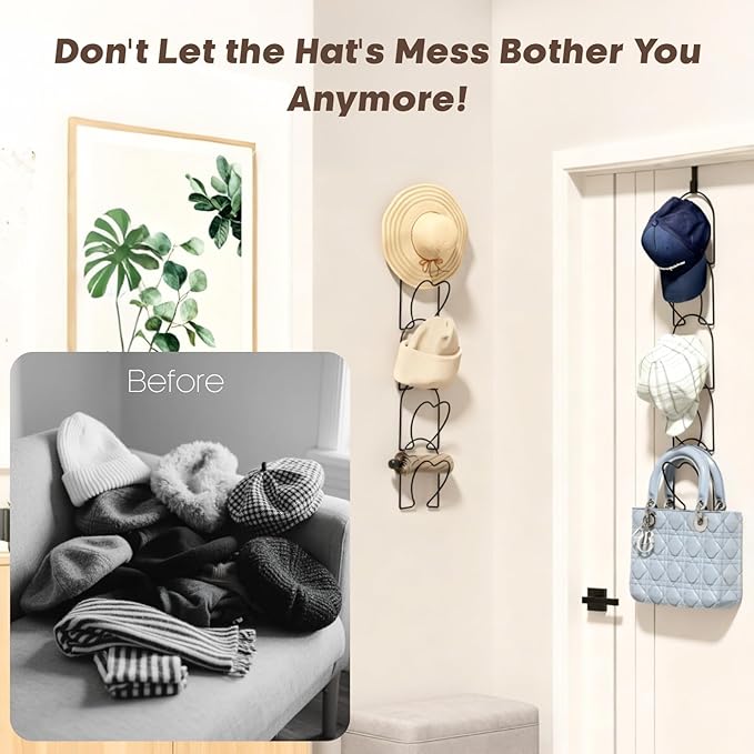 LINFIDITE 10 Pack Hat Rack for Wall hat Organizer for Baseball caps Over Door Cap hat Hook Storage Holder Hanger Display Closet Wig Stand Storage w Hanging Hook Black