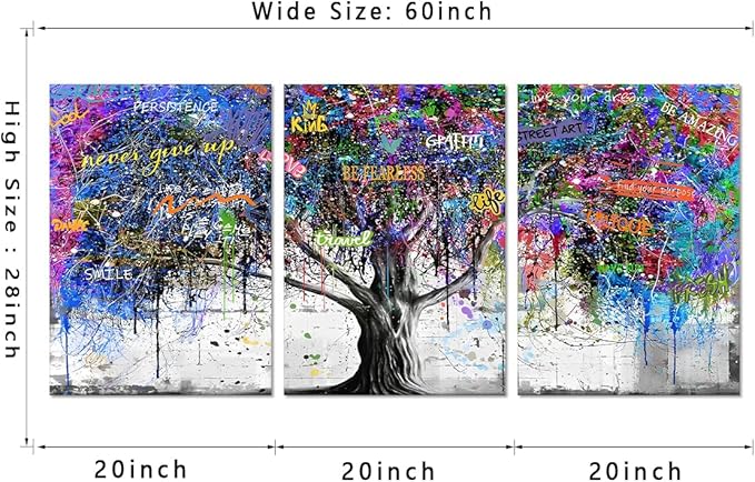 Novatique Graffiti Wall Art Colorful Tree Canvas Wall Art Never Give Up Inspirational Graffiti Posters Modern Inspiring Tree Painting Home Decor for Bedroom Bathroom,20" x 28" x 3pcs