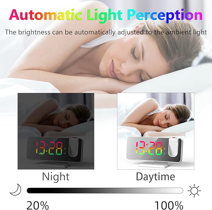 Projection Alarm Clock for Bedroom Ceiling, 180° Rotatable Projector 7.4” Mirror RGB Digital LED Display 12/24H, 5 Level Brightness Dimmer, Dual Alarm Clock (White)