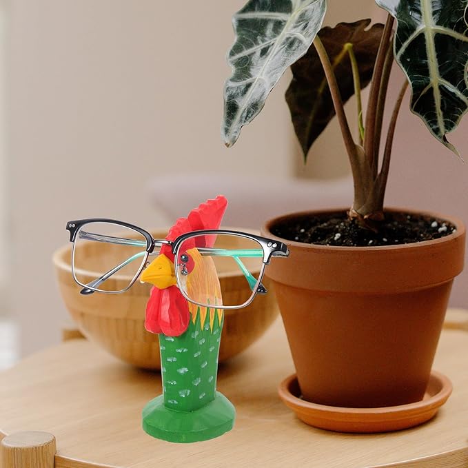 TIDTALEO Wooden Glasses Holder Eyeglasses Organizer Sunglasses Display Rack Hand Carved Rooster Animal Decor for Desk Home Office Storage