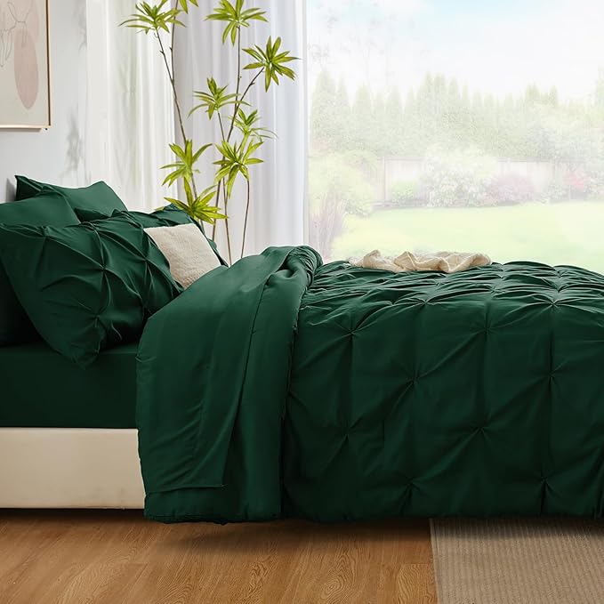 CozyLux Queen Comforter Set Emerald Green, 7 Pieces Pintuck Bed in A Bag, Premium Green Comforter Queen Size, Pinch Pleat Bedding Sets with Comforter, Sheets, Pillowcases & Shams