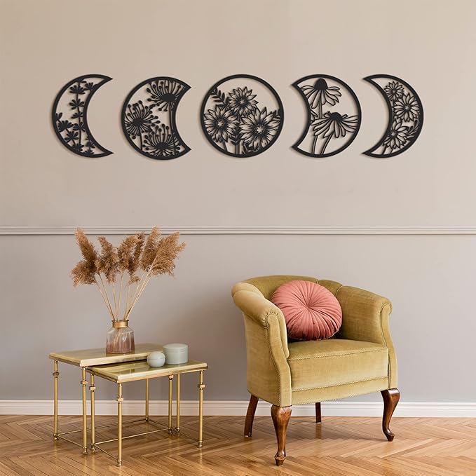 Jetec 5 Pcs Moon Phase Wall Art Decor Wall Pediments Hanging Wooden Phase Spiritual Bedroom Nordic Boho Lunar Aesthetic Art for Living Room Dorm Apartment Ornament (Black,10.6 Inch,Flower)