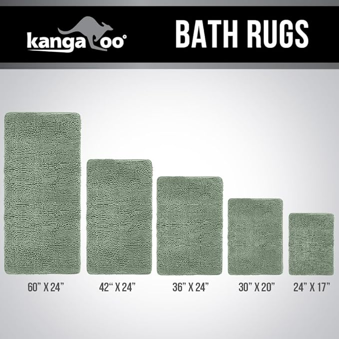 KANGAROO Bathroom Rugs, Chenille Soft Absorbent Bath Rug, Shaggy Shower Mat, Quick Dry Machine Wash Bathmat, Plush Carpet Mats for Tub, Bathtub and Room Home Decor Accessories, 24x17, Sage