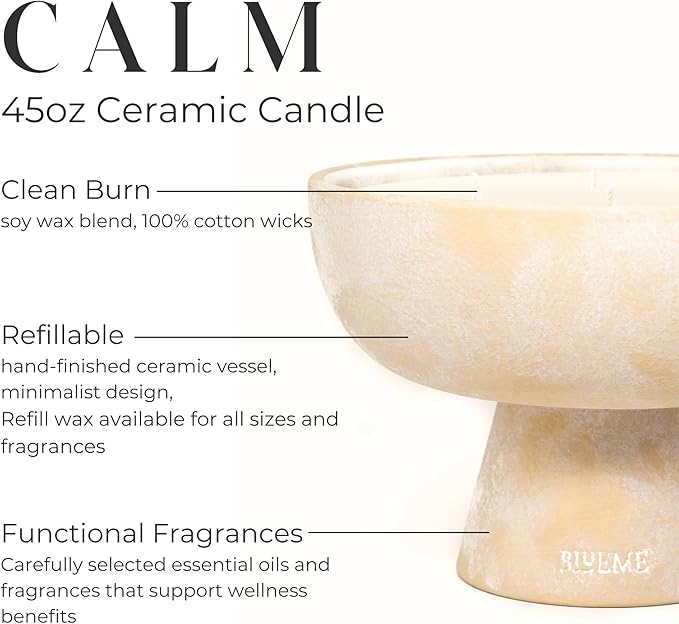 Blueme Calm Candle | Osmanthus & Sandalwood | 6 Wick - Refillable Wellness Candle with Essential Oils, Hand Finished & Poured Soy Wax Blend Ceramic Vessel, Natural Cotton Wicks | Giant 45 oz