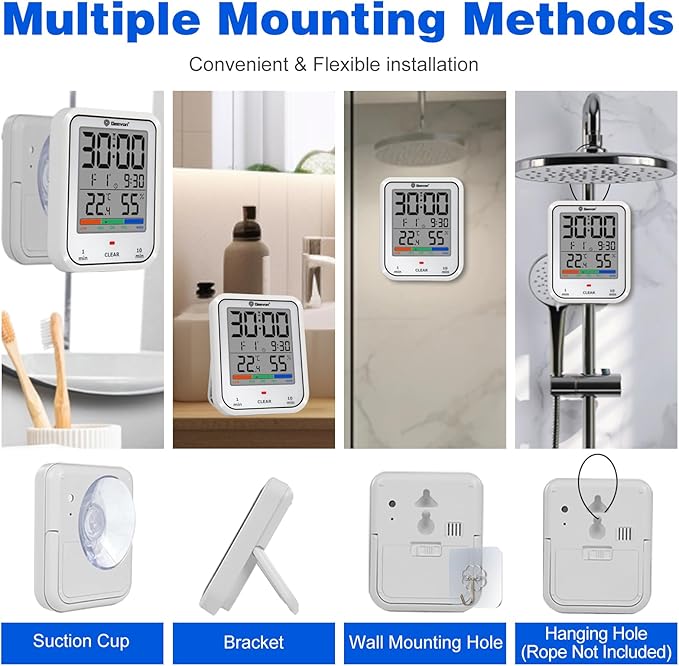 Geevon Digital Bathroom Clock, Waterproof Shower Timer with Large Touch Screen, Battery Operated Bathroom Wall Clock with Temperature & Humidity Display - Suction Cup/Hanging Hole/Stand (White)