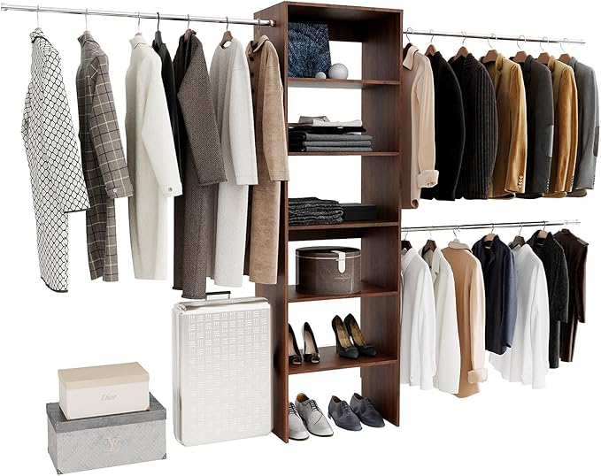 117 inch Large Wall-Mounted Closet Organizer with 5 Storage Shelves and 3 Hanging Rods – Open Wardrobe System (walnut)