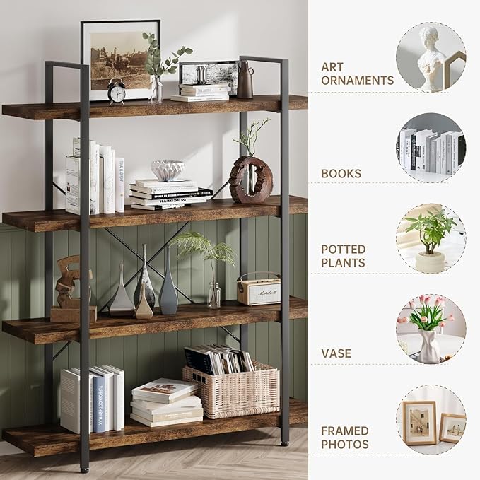 Heavy Duty 4-Tier Industrial Bookcase, 47" Wide Wood Bookshelf for Home Office, 120lbs Shelf Capacity, Rustic Open Shelving Display with Reinforced Horizontal Shelf for Living Room Bedroom