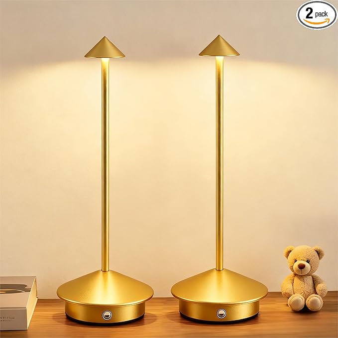 2 Pack Cordless Table Lamp Battery Lamp, Portable LED Desk Lamps,6000mAh Rechargeable Battery Operated Lighting for Bedroom Dining Room Restaurant Patio Shop Camping Night Light (Gold)