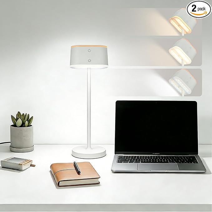 2 Pack Dual-Tone Rechargeable Cordless Desk Lamp – White Portable Table Light, Type-C Charging Table lamp, Touch Control, 3 Color Temps, Stepless Dimming for Reading Study Bedside