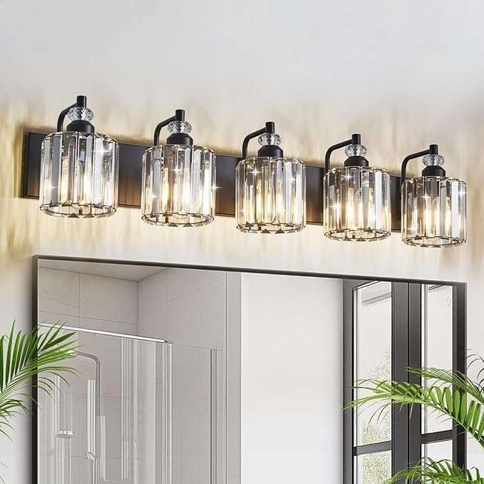 5-Light Black Bathroom Light Fixtures Over Mirror Modern Vanity Lights Crystal Wall Sconce Vintage Bathroom Lighting with Crystal Shade E26 Base for Bedroom, Living Room, Hallway