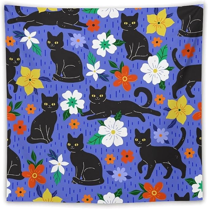 VUMIVI Black Cat Floral Tapestry Red White Hand-Painted Flowers Cute Animals Kids' Doodles Tapestry Wall Hanging for Living Room Bedroom Dorm Classroom Aesthetic Decor W60xL60in