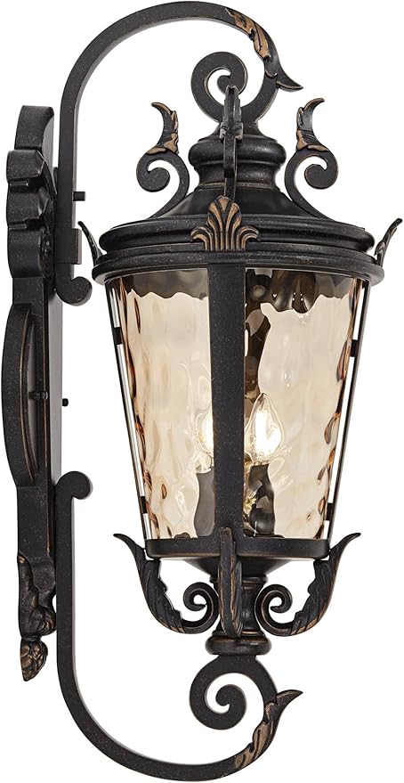 John Timberland Casa Marseille Vintage Outdoor Wall Light Fixture Veranda Bronze Scroll Frame 31" Champagne Hammered Glass for Exterior House Porch Patio Outside Deck Garage Yard Front Door