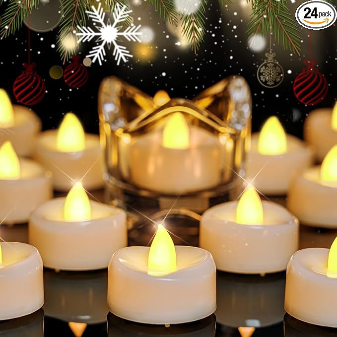 LED Tea Lights, 24-Pack Battery Operated, Long-Lasting 200 Hour Flameless Candles, Flickering for Halloween & Fall, Warm Yellow, 1.5'' D x 1.25'' H