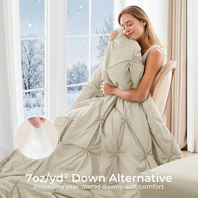 Sasttie California King Comforter Set, 7-Piece Bed in a Bag Cal King, Pintuck Bedding Set for All Season, Includes Comforter, Flat Sheet, Fitted Sheet, Pillowcases and Pillowshams, Linen