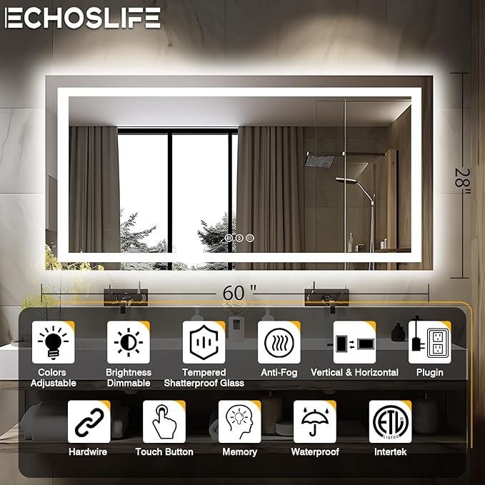 60"x28" LED Bathroom Mirrors for Wall, Front and Backlit Mirror, Anti-Fog Vanity Mirror with Lights, Stepless 3 Colors Dimmable Smart Lighted Mirror(Horizontal/Vertical)