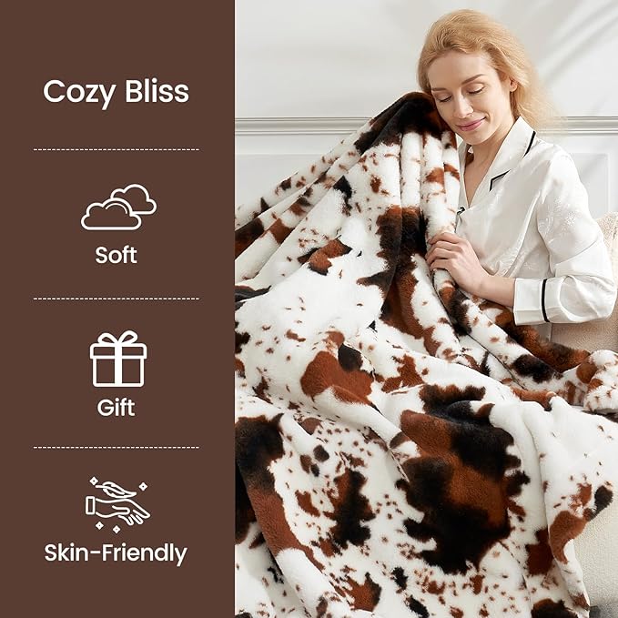 Cozy Bliss Cow Print Faux Fur Throw Blanket, Animal Printed Blankets Super Soft Warm Thick Fluffy Throws Home Decor for Couch Bed Sofa Women (Black&Brown Cow, 50x60 Inches)