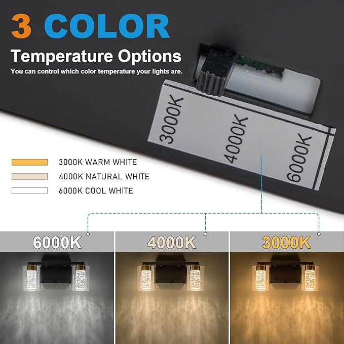SineRise 2-Light Black and Gold Vanity Light with 3 Color Modes (3000K/4000K/6000K), Eye Protection LED Bathroom Light Fixture, Dimmable Modern Wall Light Over Mirror with Clear Glass Shade