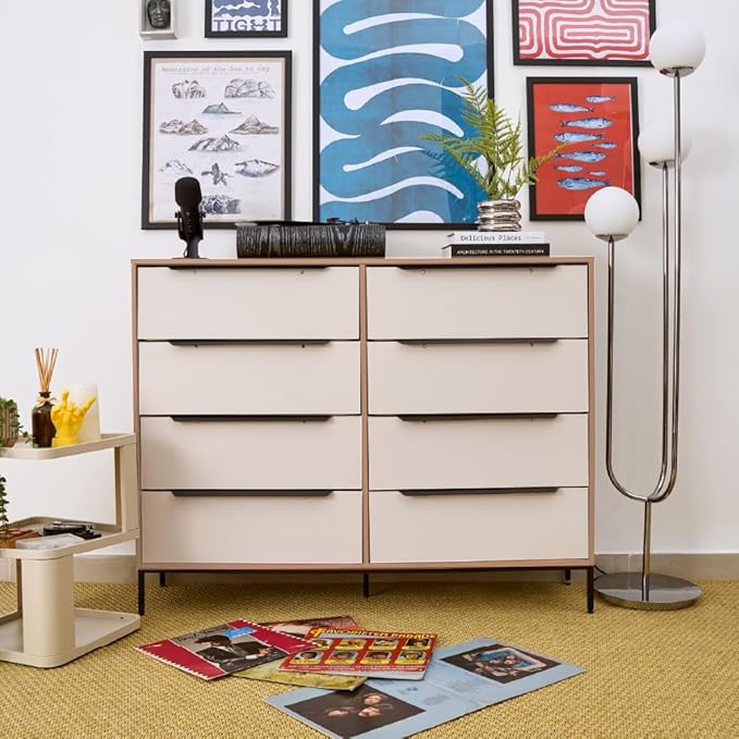 tinge Lira Premium Fabric Dresser - Solid Wooden Frame, 8 Spacious Sag-Proof Drawers with Sleek Metal Handles - Premium & Durable Storage Solution for Your Home (Light Brown)