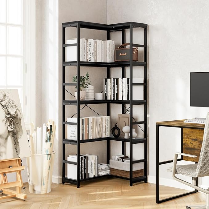 NUMENN 5 Tier Corner Bookshelf, Wood and Metal Bookcase Storage Shelf, Tall Corner Cabinet for Living Room, Bedroom, Home Office and Kitchen, Black