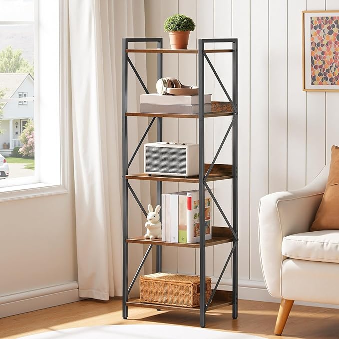 HOOBRO Bookshelf, 5-Tier Industrial Bookcase, Book Shelf Storage Organizer, Tall Bookshelf with Metal Frame for Living Room, Bedroom, Home Office, Kitchen, Rustic Brown and Black BF73SJ01