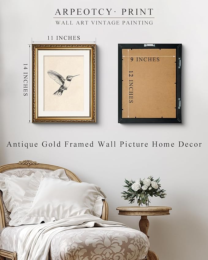 ARPEOTCY Vintage Gold Framed Wall Art Decor, Hummingbird Sketch Wall Art for Living Room Bedroom, 11x14 Inch Vintage Bird Oil Painting Canvs Artwork Prints for Kitchen Bathroom Decor Aesthetic