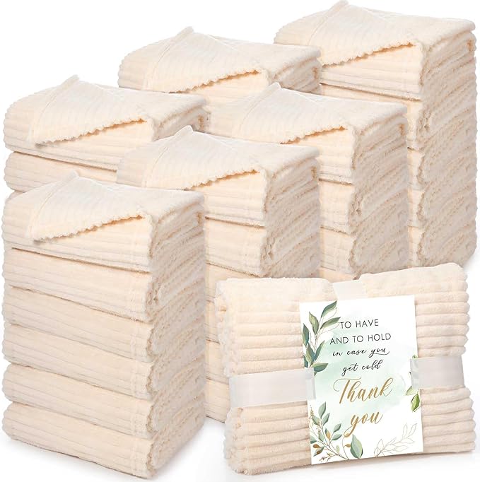 Buryeah 36 Pcs Wedding Flannel Fleece Throw Blanket Bulk with Thank You Card and Ribbon, 50 x 60 in Oeko-TEX Standard 100 Certified Blankets Outdoor Wedding, Guest Party Souvenirs (Ivory)