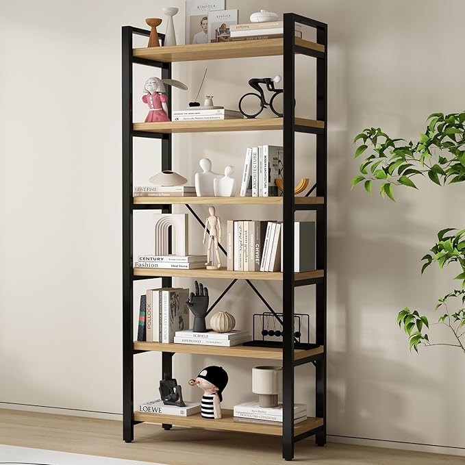 Real Solid Wood Rustic Vintage Industrial Etagere Bookshelf, Metal & Timber Free Vintage Bookcase, Retro Brown (Genuine Timber) (6-Tiers-Natural Finish)