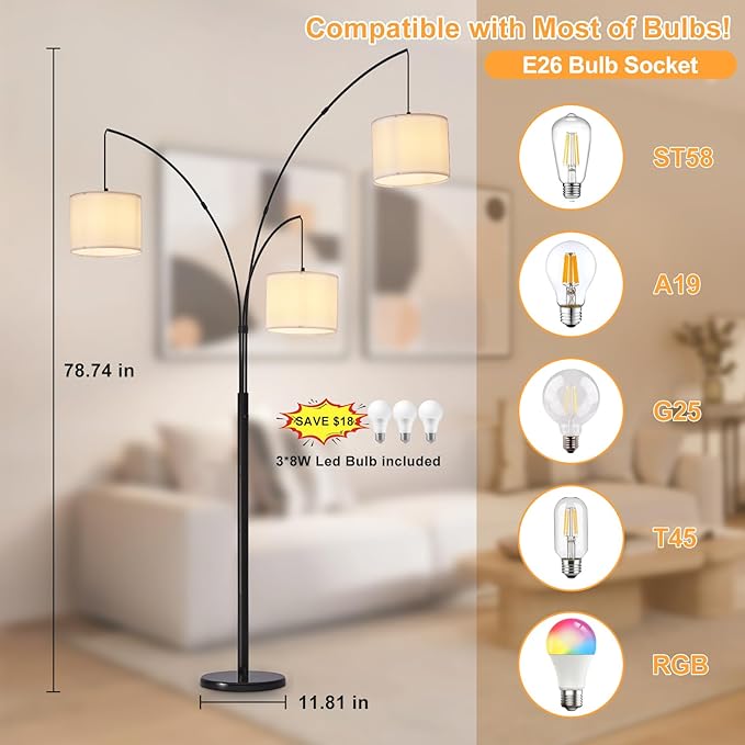 DLLT Modern Floor Lamp for Room: 3-Light Black Tree Dimmable Floor Lamps with White Shades for Living Room - Arc Standing Lamp for Bedroom - Tall Floor Lamp for Office Corner 3 LED Bulbs Included