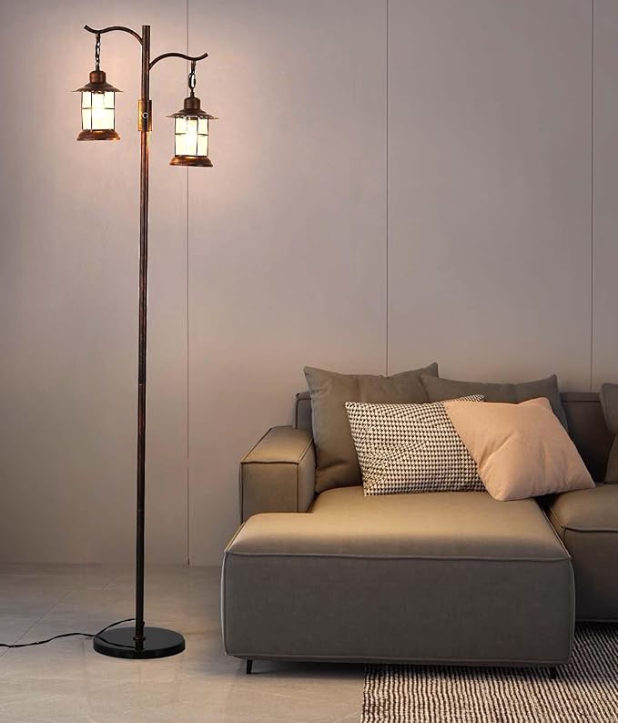 Industrial,Vintage Dimmable Floor Lamp,2 Classical Lanterns Standing Lamp, Rustic Farmhouse Floor Lamp with Bronze Gold Finish, for Living Room Bedroom (Red Copper-B-Style)