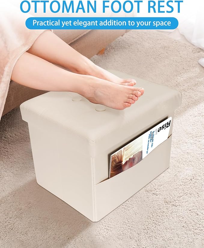 Ottoman with Storage Foot Stool, 17 Inches Folding Storage Ottoman, Leather Upholstered Ottomans Foot Rest with Side Pockets, Suitable for Living Room, Bedroom, Cafe, Beige