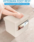 Ottoman with Storage Foot Stool, 17 Inches Folding Storage Ottoman, Leather Upholstered Ottomans Foot Rest with Side Pockets, Suitable for Living Room, Bedroom, Cafe, Beige
